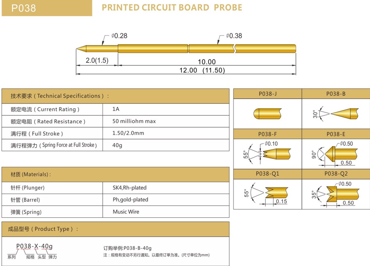 PA038測(cè)試探針總參數(shù)，華榮華探針廠家